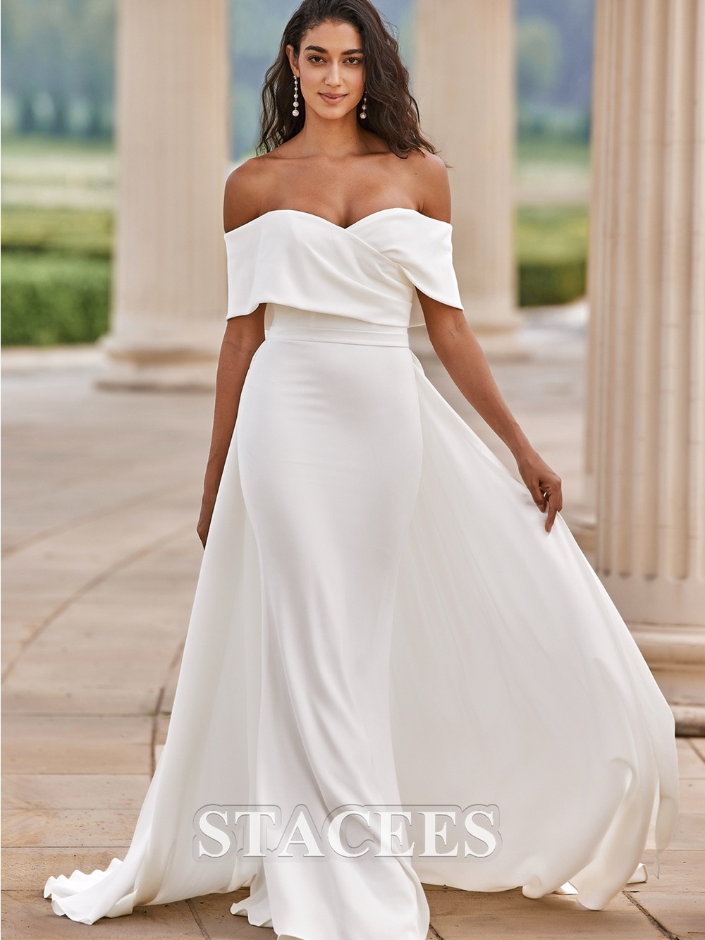 Classic Off-the-Shoulder Stretch Fit & Flare Wedding Dress with Detachable Train